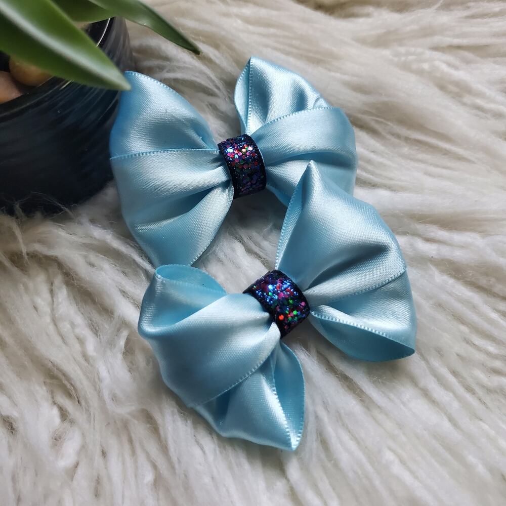 Handcrafted Blue Sparkle Ribbon Hair Bow Set